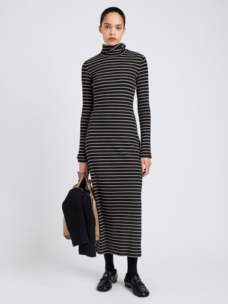 Proenza Schouler Front full length image of model wearing Frances Dress in Stripe Rib in Black, mushroom
