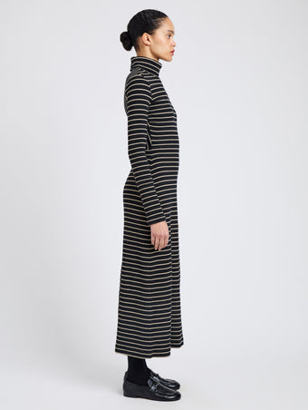 Proenza Schouler Side full length image of model wearing Frances Dress in Stripe Rib in Black, mushroom