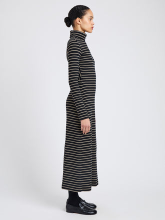 Proenza Schouler Side full length image of model wearing Frances Dress in Stripe Rib in Black, mushroom
