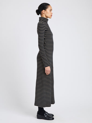 Proenza Schouler Side full length image of model wearing Frances Dress in Stripe Rib in Black, mushroom