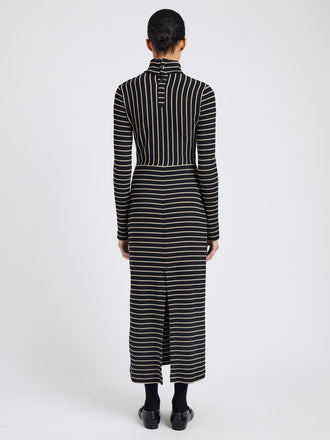 Proenza Schouler Back full length image of model wearing Frances Dress in Stripe Rib in Black, mushroom