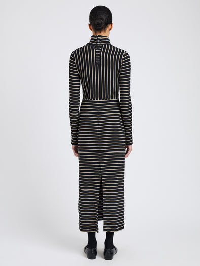 Proenza Schouler Back full length image of model wearing Frances Dress in Stripe Rib in Black, mushroom
