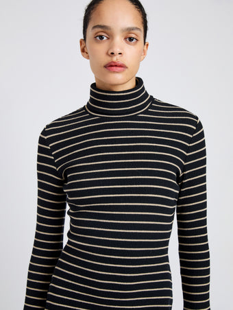 Proenza Schouler Detail image of model wearing Frances Dress in Stripe Rib in Black, mushroom