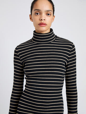 Proenza Schouler Detail image of model wearing Frances Dress in Stripe Rib in Black, mushroom