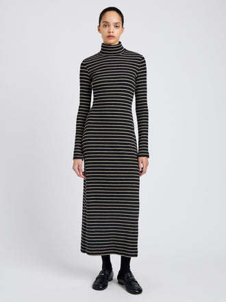 Proenza Schouler Front full length alternate image of model wearing Frances Dress in Stripe Rib in Black, mushroom