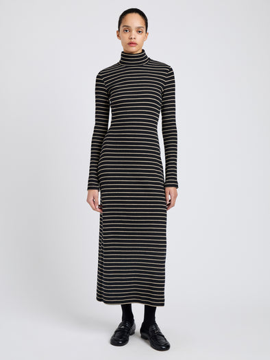 Proenza Schouler Front full length alternate image of model wearing Frances Dress in Stripe Rib in Black, mushroom