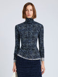 Proenza Schouler Front cropped image of model wearing Audrey Top in Cheetah Jersey in Navy Multi