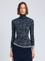 Proenza Schouler Front cropped image of model wearing Audrey Top in Cheetah Jersey in Navy Multi