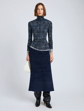 Proenza Schouler Front full length image of model wearing Audrey Top in Cheetah Jersey in Navy Multi