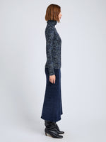 Proenza Schouler Side full length image of model wearing Audrey Top in Cheetah Jersey in Navy Multi