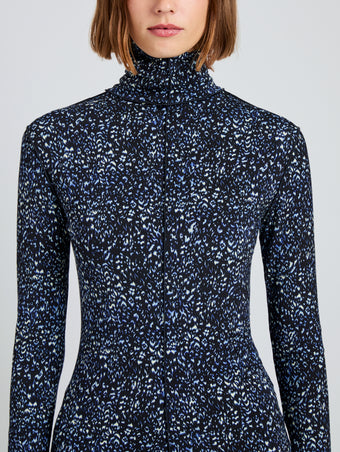 Proenza Schouler Detail image of model wearing Audrey Top in Cheetah Jersey in Navy Multi