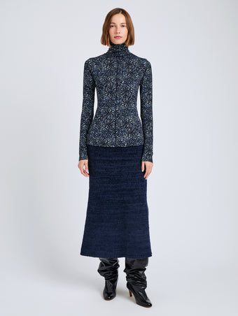 Proenza Schouler Front full length image of model wearing Audrey Top in Cheetah Jersey in Navy Multi