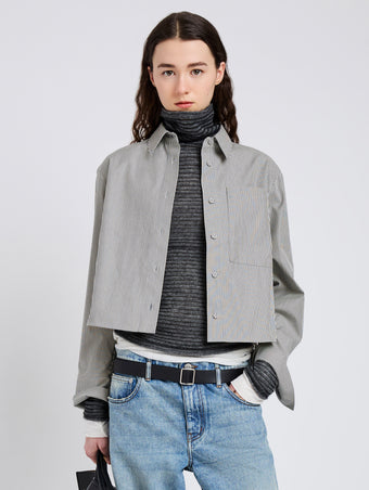 Proenza Schouler Cropped image of model wearing Olive Shirt in Stripe Cotton in Parchment, dark teal
