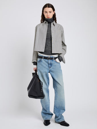 Proenza Schouler Front full length image of model wearing Olive Shirt in Stripe Cotton in Parchment, dark teal
