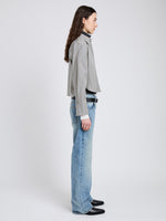 Proenza Schouler Side full length image of model wearing Olive Shirt in Stripe Cotton in Parchment, dark teal