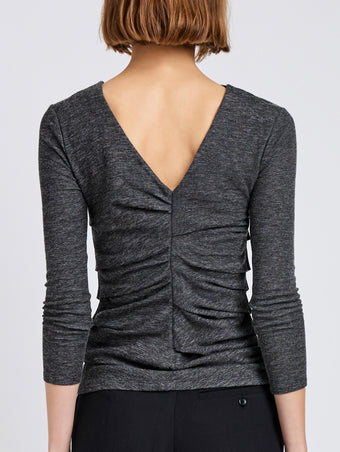 Proenza Schouler Detail image of model wearing Blythe Top in Wool Jersey in Coal Melange