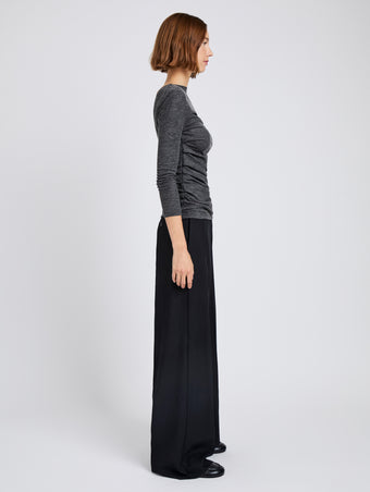 Proenza Schouler Side full length image of model wearing Blythe Top in Wool Jersey in Coal Melange