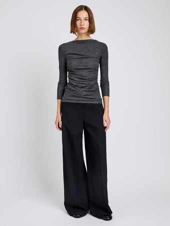 Proenza Schouler Front full length image of model wearing Blythe Top in Wool Jersey in Coal Melange