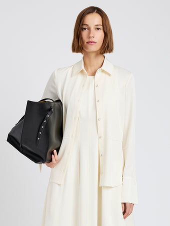Proenza Schouler Front full length image of model wearing Maddi Shirt in Merino Wool Twill in Bone