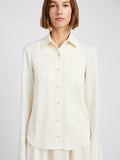 Proenza Schouler Detail image of model wearing Maddi Shirt in Merino Wool Twill in Bone