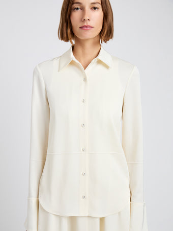 Proenza Schouler Detail image of model wearing Maddi Shirt in Merino Wool Twill in Bone