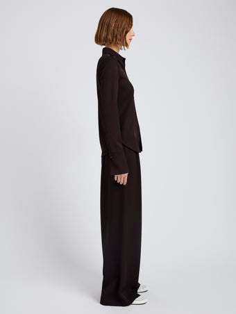 Proenza Schouler Side full length image of model wearing Maddi Shirt in Merino Wool Twill in Chocolate