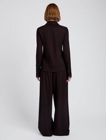Proenza Schouler Back full length image of model wearing Maddi Shirt in Merino Wool Twill in Chocolate