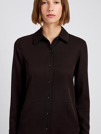 Proenza Schouler Detail image of model wearing Maddi Shirt in Merino Wool Twill in Chocolate