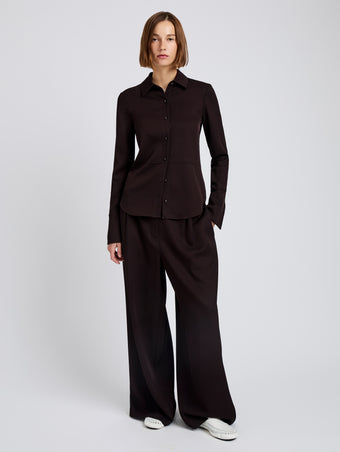 Proenza Schouler Front full length image of model wearing Maddi Shirt in Merino Wool Twill in Chocolate