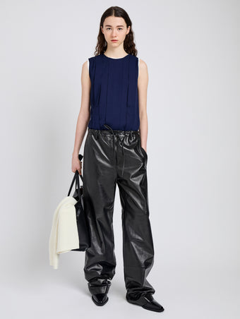 Proenza Schouler Front full length image of model wearing Makayla Top in Open Weave Flou in Navy