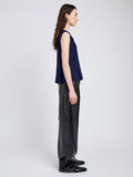 Proenza Schouler Side full length image of model wearing Makayla Top in Open Weave Flou in Navy