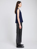 Proenza Schouler Side full length image of model wearing Makayla Top in Open Weave Flou in Navy