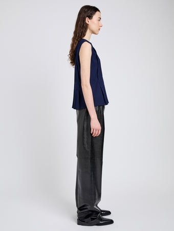 Proenza Schouler Side full length image of model wearing Makayla Top in Open Weave Flou in Navy