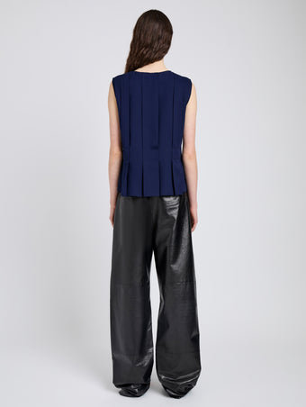Proenza Schouler Back full length image of model wearing Makayla Top in Open Weave Flou in Navy