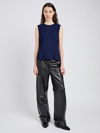 Proenza Schouler Front full length image of model wearing Makayla Top in Open Weave Flou in Navy