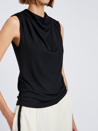 Proenza Schouler Detail image of model wearing Elna Top in Crepe Jersey in Black