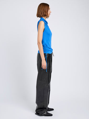 Proenza Schouler Side full length image of model wearing Elna Top in Crepe Jersey in Sea