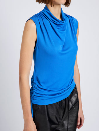Proenza Schouler Detail image of model wearing Elna Top in Crepe Jersey in Sea