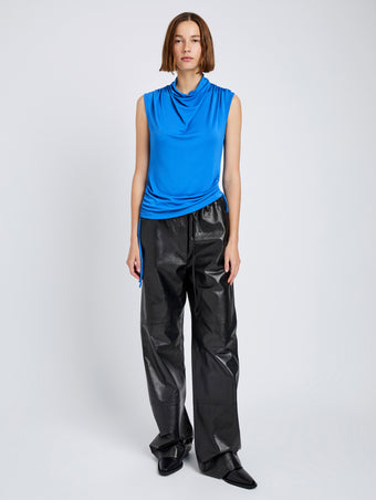 Proenza Schouler Front full length image of model wearing Elna Top in Crepe Jersey in Sea