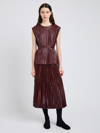 Proenza Schouler Front full length image of model wearing Lyra Top in LW Faux Leather in Oxblood