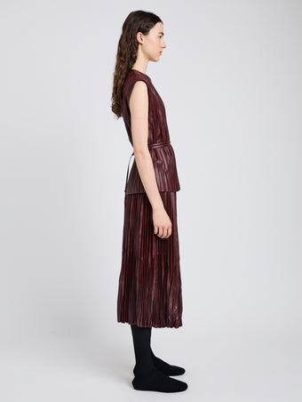 Proenza Schouler Side full length image of model wearing Lyra Top in LW Faux Leather in Oxblood