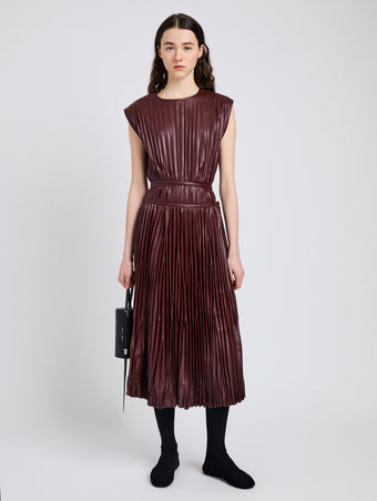 Proenza Schouler Front full length image of model wearing Lyra Top in LW Faux Leather in Oxblood