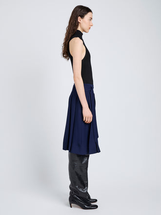 Proenza Schouler Side full length image of model wearing Jess Skirt in Open Weave Flou in Navy