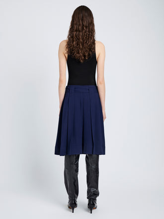 Proenza Schouler Back full length image of model wearing Jess Skirt in Open Weave Flou in Navy