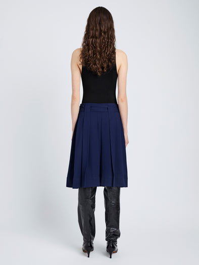Proenza Schouler Back full length image of model wearing Jess Skirt in Open Weave Flou in Navy