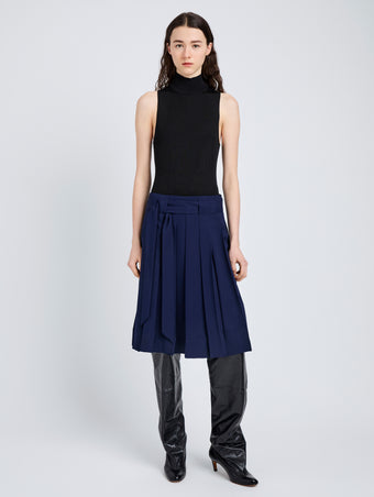 Proenza Schouler Front full length image of model wearing Jess Skirt in Open Weave Flou in Navy