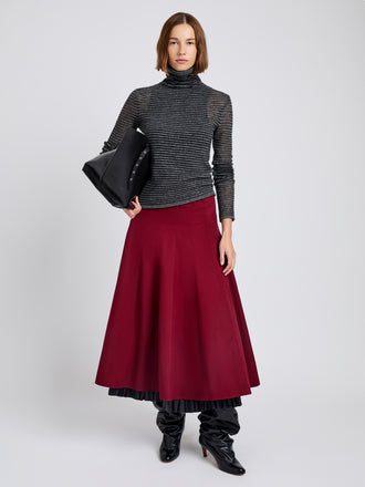 Proenza Schouler Front full length image of model wearing Heidi Skirt in Tech Cotton in Claret