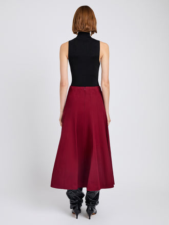 Proenza Schouler Back full length image of model wearing Heidi Skirt in Tech Cotton in Claret