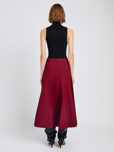 Proenza Schouler Back full length image of model wearing Heidi Skirt in Tech Cotton in Claret