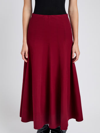 Proenza Schouler Detail image of model wearing Heidi Skirt in Tech Cotton in Claret